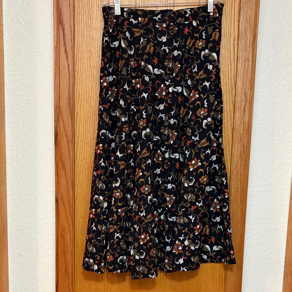 Vintage Black Floral Midi Skirt Maggie Lawrence Elegant Fall Print